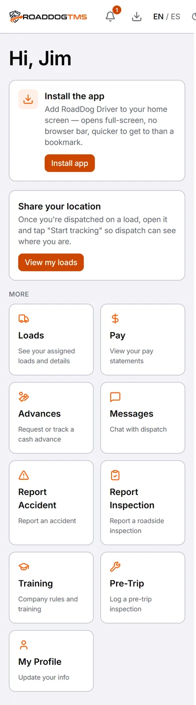 The RoadDog TMS driver app on a phone